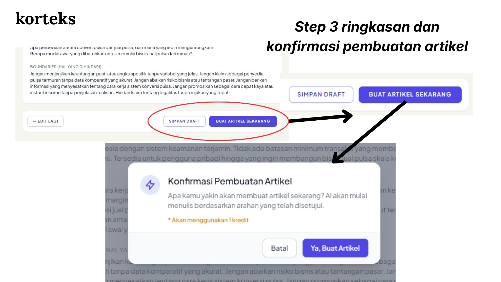 Step 3 adalah ringkasan dan konfirmasi pembuatan artikel dengan AI