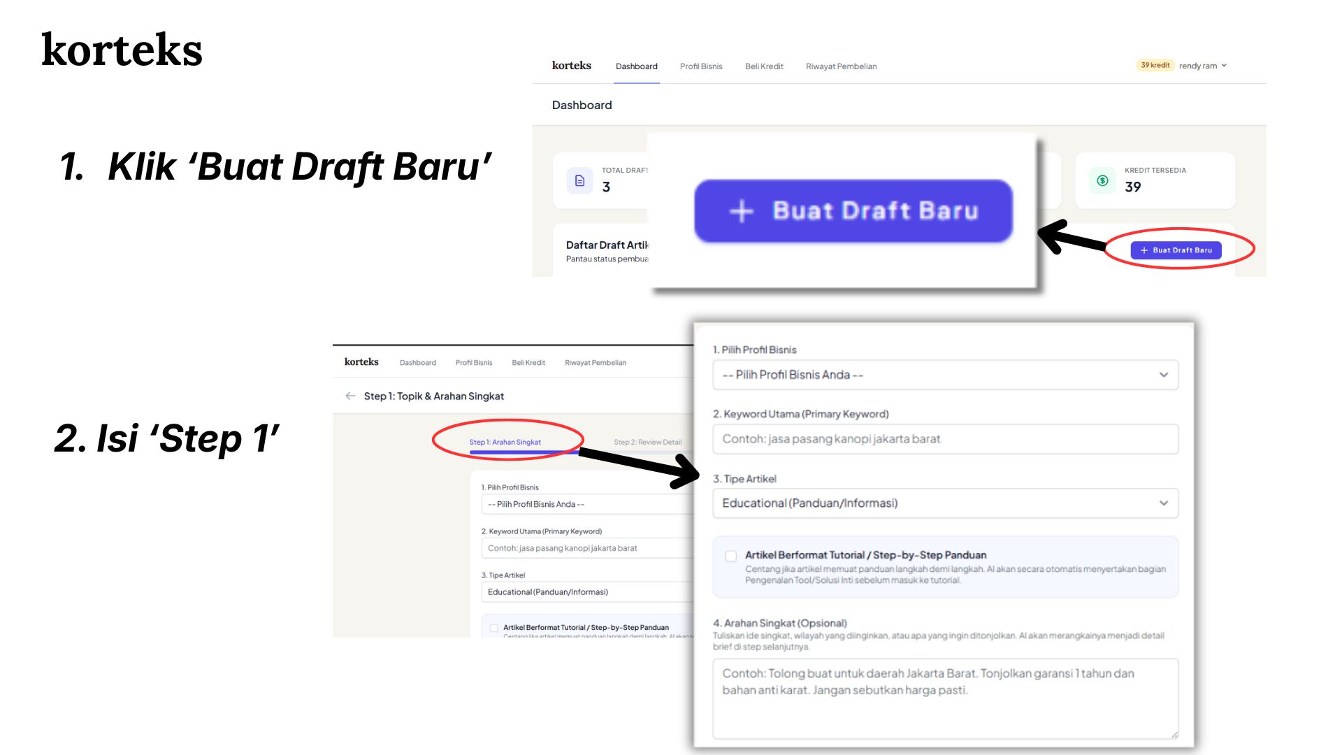Isi Step 1 di platform pembuatan artikel SEO dengan AI Korteks.id