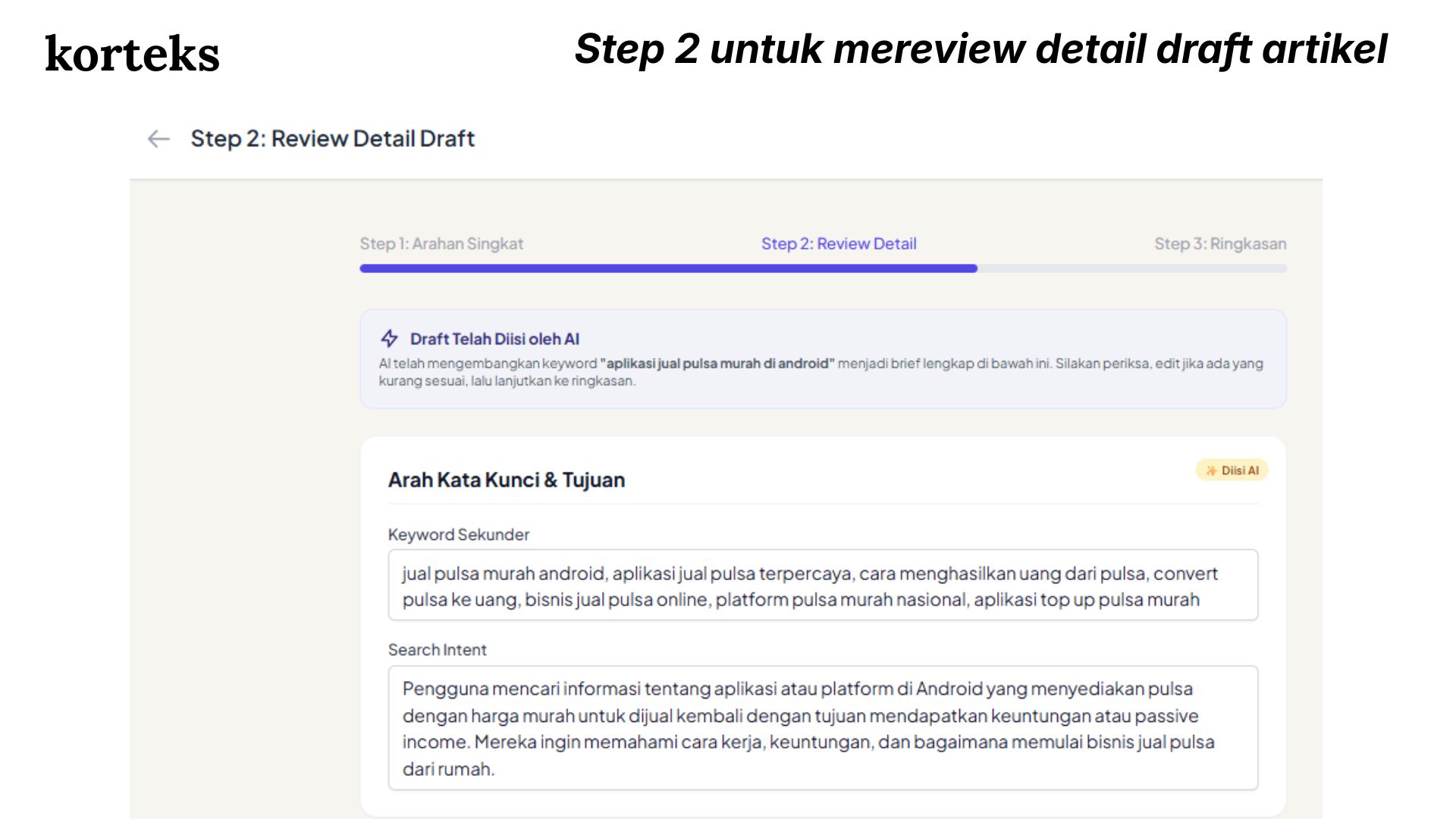 Step 2 di platform pembuatan artikel SEO dengan AI  adalah dengan mereview detail draft artikel yang digenerate oleh AI juga yang mana ini akan membantu dalam pembuatan artikel AI